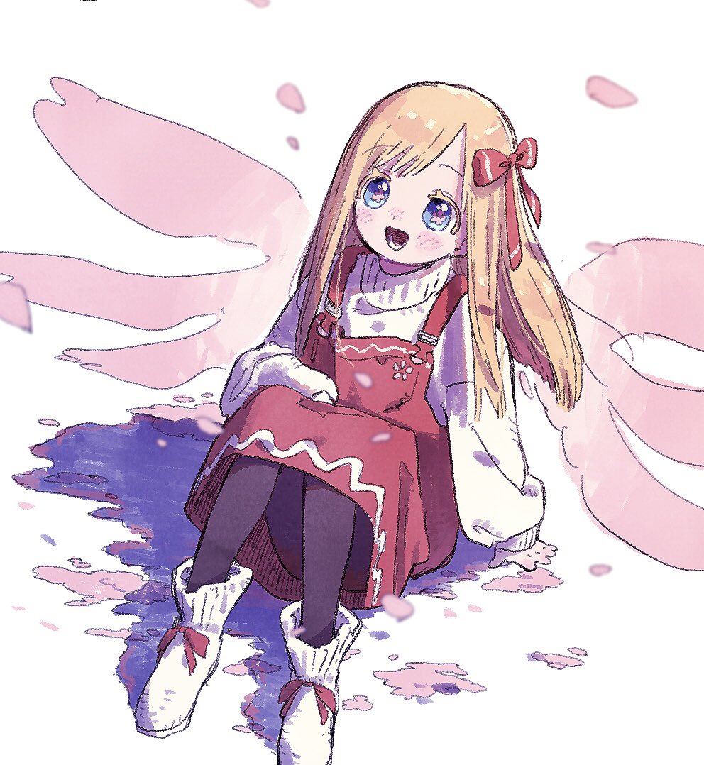 1girl :d alternate_costume black_thighhighs blonde_hair blue_eyes cherry_blossoms commentary_request fairy fairy_wings flower-shaped_pupils flower_wings hair_ribbon light_blush lily_white long_hair looking_up nama_udon overalls red_overalls red_ribbon ribbon sitting smile sweater symbol-shaped_pupils thigh-highs touhou turtleneck turtleneck_sweater white_background white_footwear white_sweater wings
