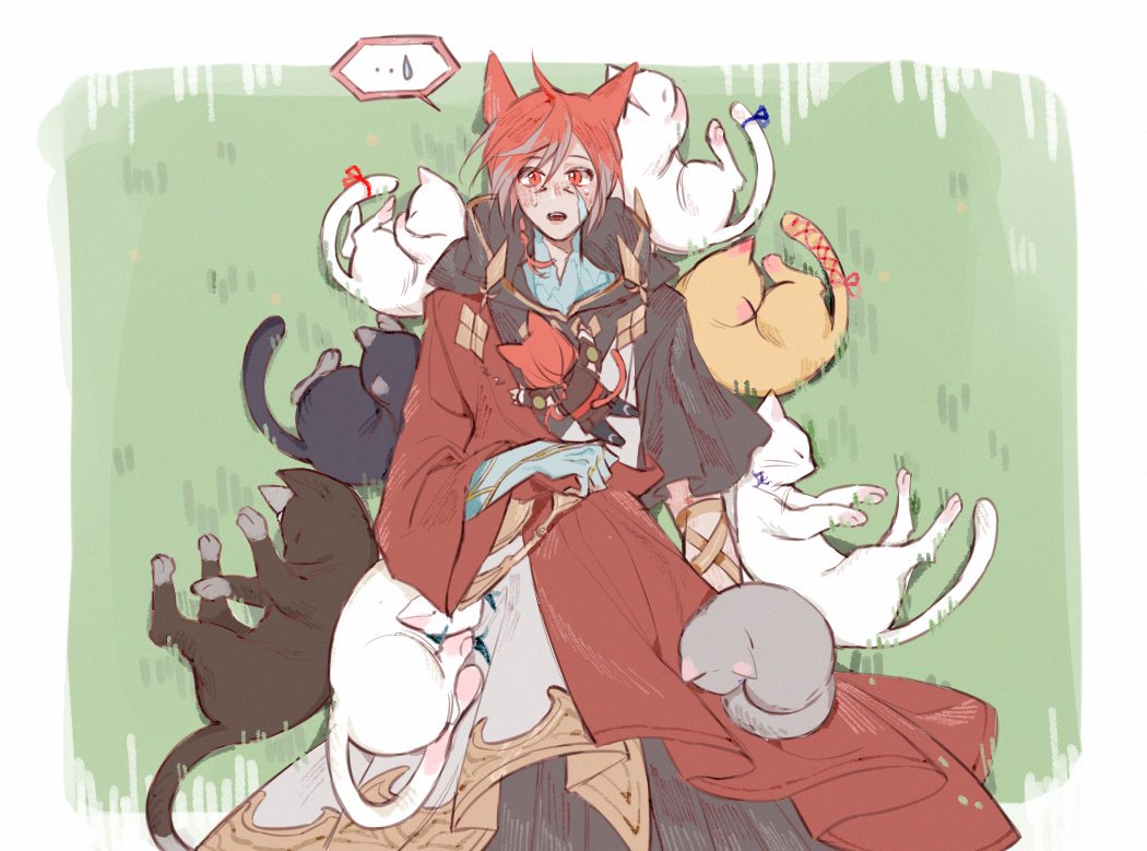 ... 1boy :o cat cloak crystal_exarch final_fantasy final_fantasy_xiv g'raha_tia hood hooded_cloak looking_at_viewer lying male_focus material_growth miqo'te on_back on_grass open_mouth red_eyes redhead solo spoken_ellipsis tladpwl03 too_many too_many_cats wide-eyed