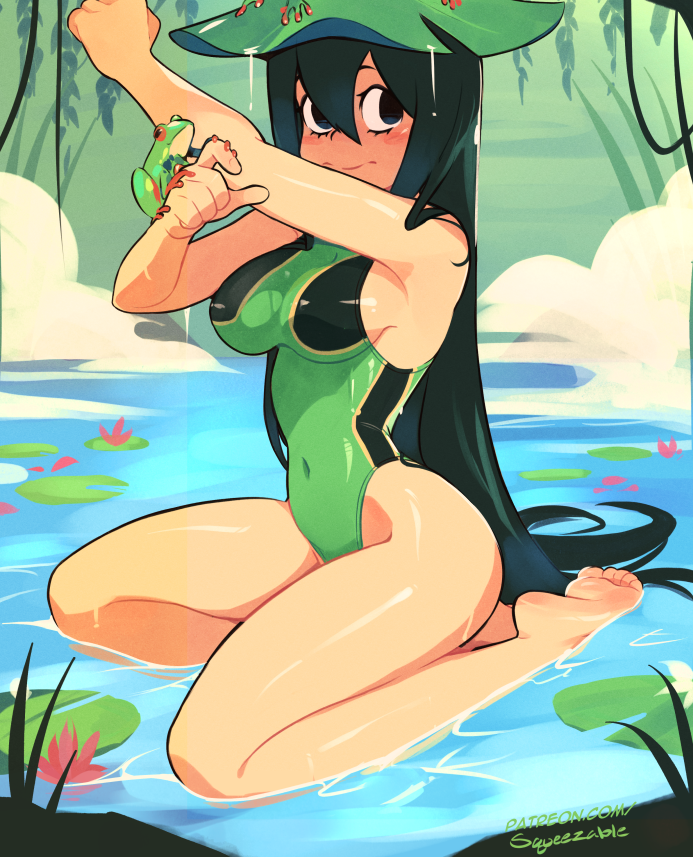 1girl animal_on_hand arm_up artist_name asui_tsuyu bare_arms bare_legs barefoot black_eyes blush boku_no_hero_academia breasts closed_mouth competition_swimsuit covered_navel day feet frog full_body green_hair green_one-piece_swimsuit hair_between_eyes hand_up highleg highleg_swimsuit lily_pad long_hair medium_breasts one-piece_swimsuit outdoors sideboob sideways_glance sitting sitting_on_water solo squeezable_(squeezabledraws) swimsuit very_long_hair