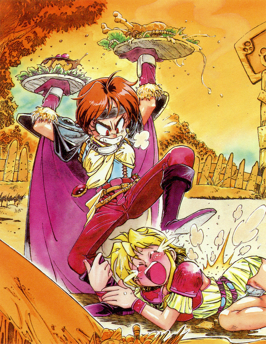 1990s_(style) 2girls angry araizumi_rui armor arms_up blonde_hair boots cape chicken_(food) closed_eyes day food gloves grin headband highres holding holding_another's_leg holding_tray lina_inverse long_hair lying multiple_girls non-web_source official_art on_ground open_mouth outdoors painting_(medium) pauldrons pudding red_eyes redhead retro_artstyle scar shoulder_armor slayers smile stepped_on tears teeth traditional_media tray upper_teeth_only v-shaped_eyebrows watercolor_(medium) wristband