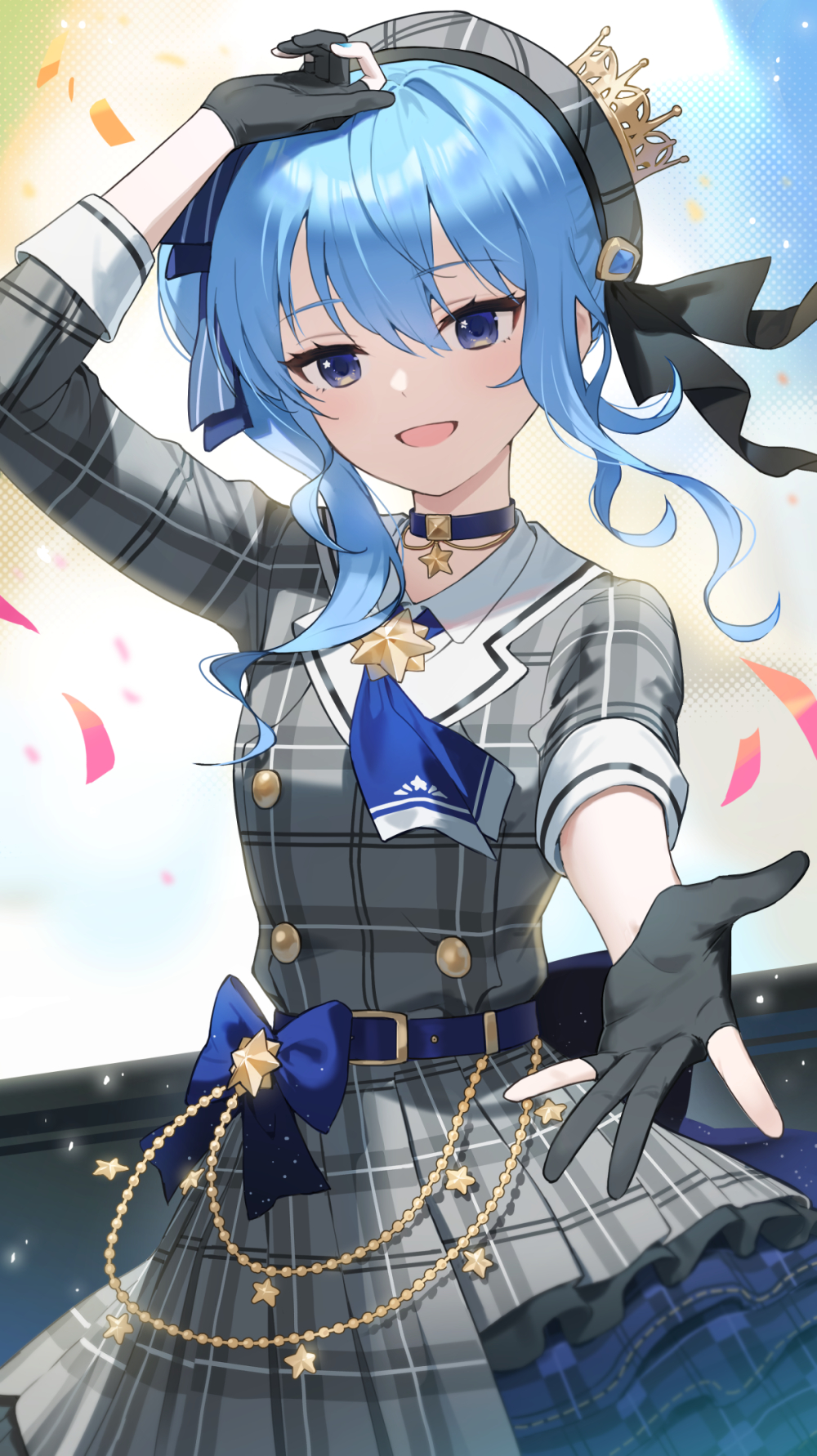 1girl arm_up belt beret black_gloves blue_belt blue_choker blue_eyes blue_hair blue_necktie choker commentary_request cowboy_shot crown dress gloves grey_dress hat highres hololive hoshimachi_suisei korean_commentary long_hair long_sleeves looking_down mini_crown n2_00345 necktie open_mouth partially_fingerless_gloves plaid plaid_dress reaching reaching_towards_viewer side_ponytail smile solo star_(symbol) star_in_eye symbol_in_eye virtual_youtuber