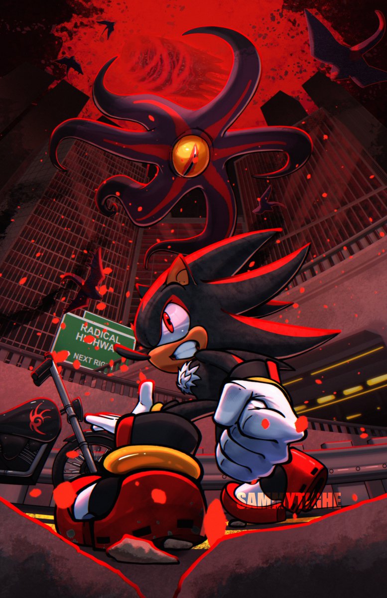 animal_ears animal_nose artist_name black_fur body_fur city clenched_hand doom's_eye_(sonic) english_text furry furry_male gloves highres logo looking_at_another male_focus monster motor_vehicle motorcycle portal_(object) red_eyes red_fur sammytighe shadow_the_hedgehog shadow_the_hedgehog_(game) shoes slit_pupils sonic_(series) standing tunnel white_gloves