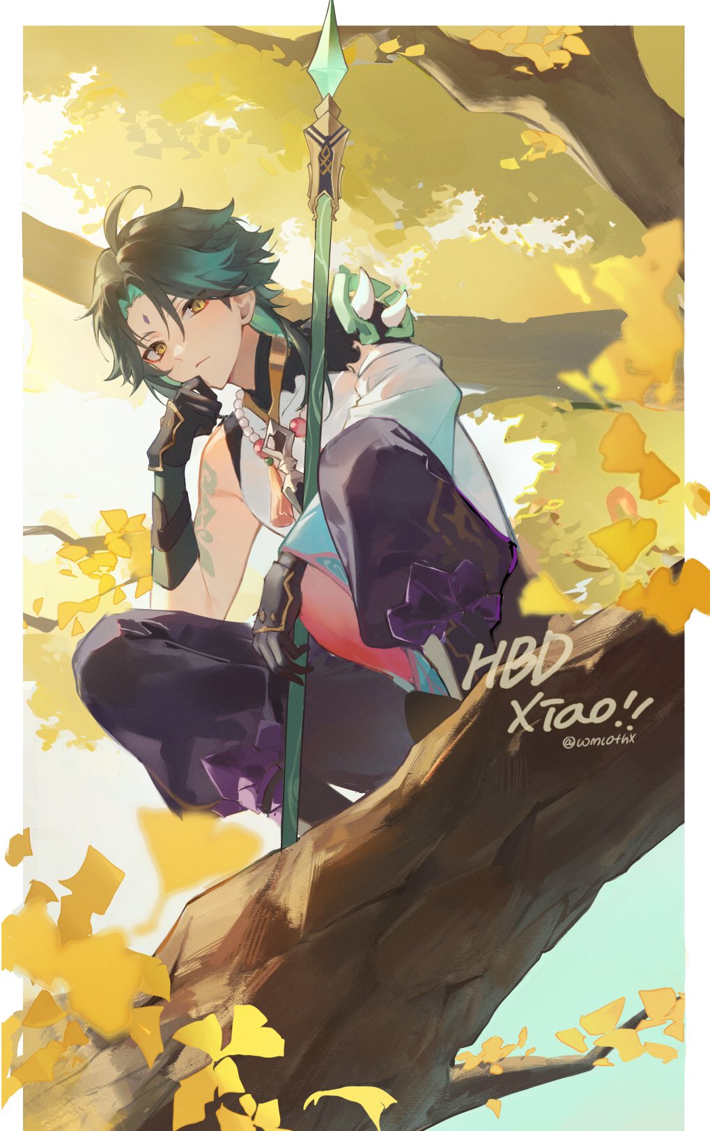 1boy arm_tattoo bead_necklace beads black_hair facial_mark forehead_mark genshin_impact gloves green_hair happy_birthday highres holding holding_polearm holding_weapon in_tree jewelry leaf male_focus multicolored_hair necklace orange_eyes polearm primordial_jade_winged-spear_(genshin_impact) simple_background solo squatting tassel tattoo tree twitter_username weapon wmlothx xiao_(genshin_impact)