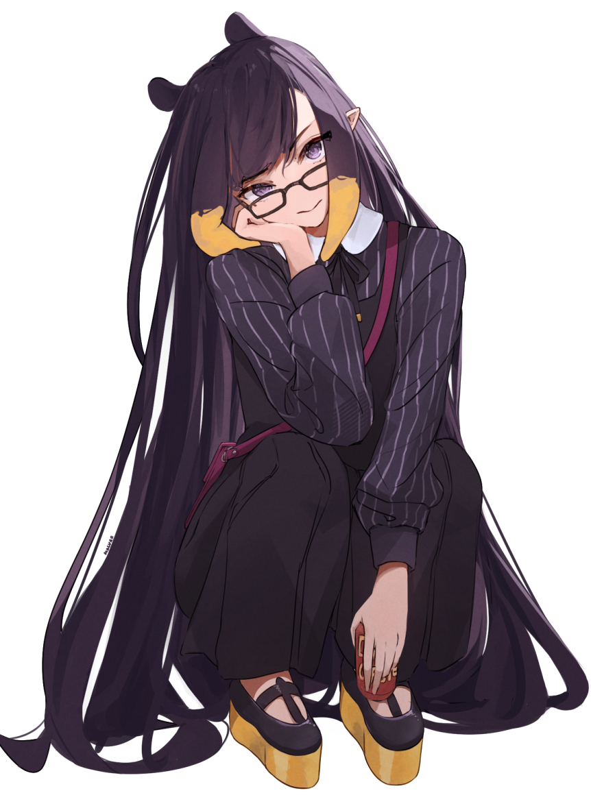 1girl animal_ears bag black_bow black_dress black_footwear bow can dress drink_can glasses hand_on_own_cheek hand_on_own_face holding holding_can hololive hololive_english long_hair looking_at_viewer malvar ninomae_ina'nis platform_footwear pointy_ears purple_hair purple_shirt shirt shoulder_bag sidelocks simple_background soda_can solo squatting very_long_hair violet_eyes virtual_youtuber white_background