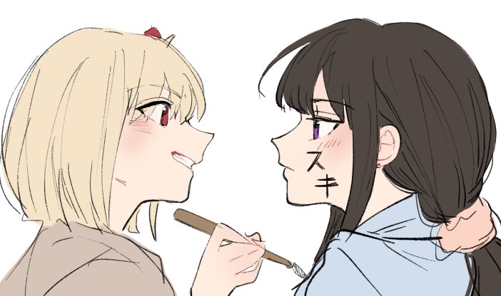 2girls black_hair blonde_hair blush brown_shirt closed_mouth commentary_request drawing_on_another's_face eye_contact from_side grin inoue_takina long_hair looking_at_another lycoris_recoil medium_hair multiple_girls nishikigi_chisato parted_lips profile red_eyes shiratama_draw shirt simple_background smile translation_request upper_body violet_eyes white_background