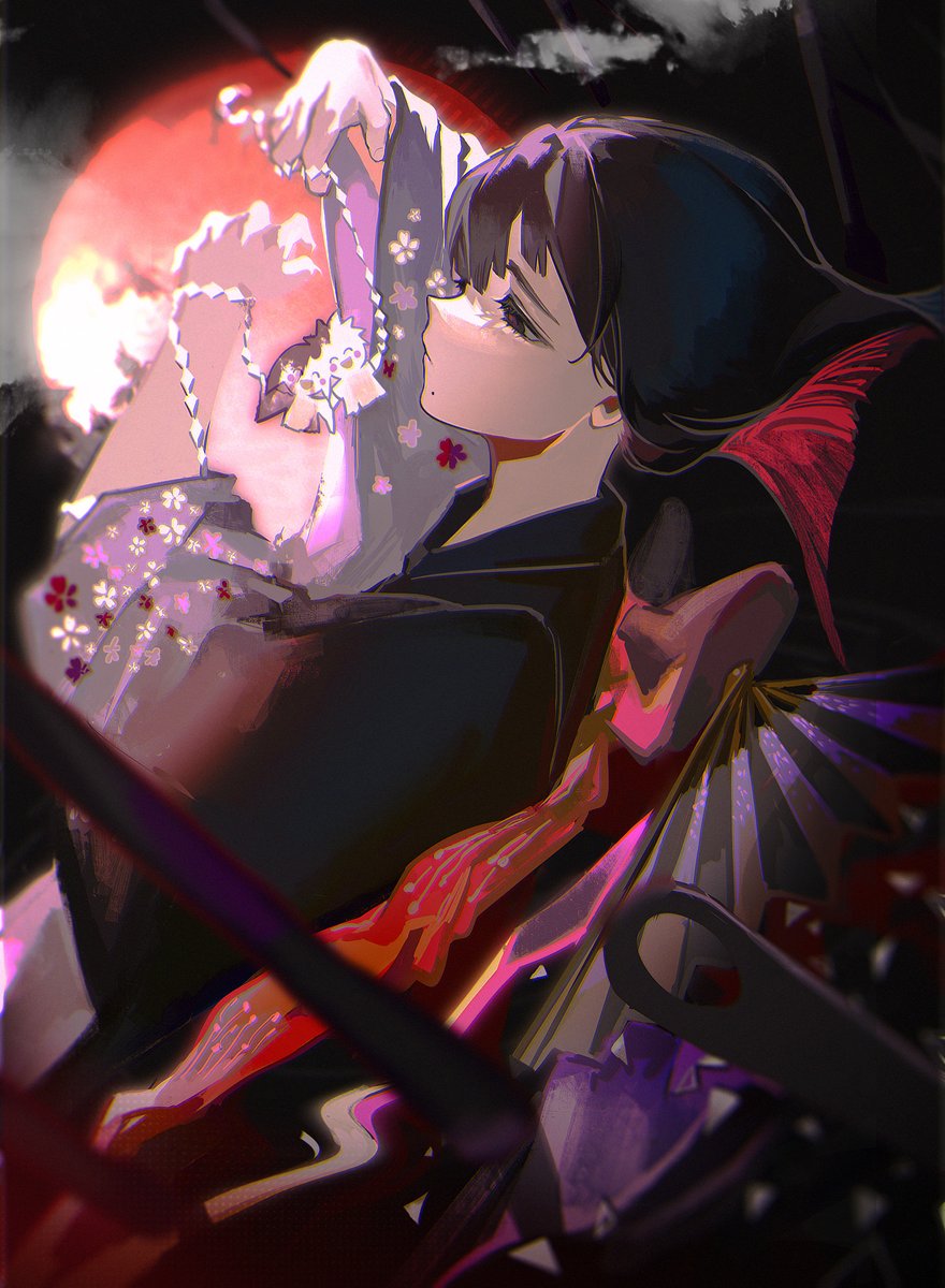 1boy androgynous black_kimono blunt_bangs blunt_ends blunt_tresses bob_cut clouds cloudy_sky colored_inner_hair confetti eyelashes floral_print floral_print_kimono flower furisode furisode_sleeves hand_fan highres holding hunter_x_hunter inverted_bob japanese_clothes kalluto_zoldyck kimono komeokun looking_at_object mole mole_under_mouth moon motion_blur multicolored_clothes multicolored_hair night night_sky paper_chain paper_doll_chain red_moon sky
