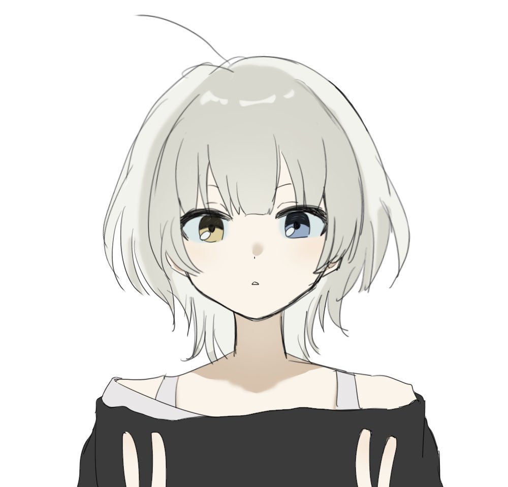 1girl ahoge anon8p bang_dream! bang_dream!_it's_mygo!!!!! black_shirt blue_eyes blunt_bangs heterochromia kaname_raana looking_at_viewer medium_hair parted_lips shirt simple_background single_bare_shoulder solo upper_body white_background white_hair wolf_cut yellow_eyes
