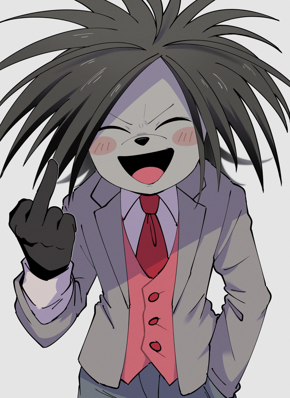 1boy :d ^_^ black_gloves black_hair black_pants blush_stickers closed_eyes facing_viewer furry furry_male gloves grey_fur grey_jacket hand_in_pocket highres jacket middle_finger necktie odd_taxi omochiutyu pants porcupine_boy red_necktie red_vest shirt smile snout solo spiky_hair upper_body vest white_shirt yano_(odd_taxi)