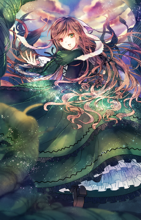 1girl black_corset blue_sky brown_footwear brown_hair clouds commentary_request corset dress frilled_dress frills full_body green_dress green_eyes head_scarf heterochromia light_particles lolita_fashion long_dress long_hair long_sleeves looking_at_viewer looking_to_the_side medium_bangs open_mouth plant red_eyes rozen_maiden shoes sky smile solo sparkle standing suiseiseki tiptoes very_long_hair vines wavy_hair z-epto_(chat-noir86)