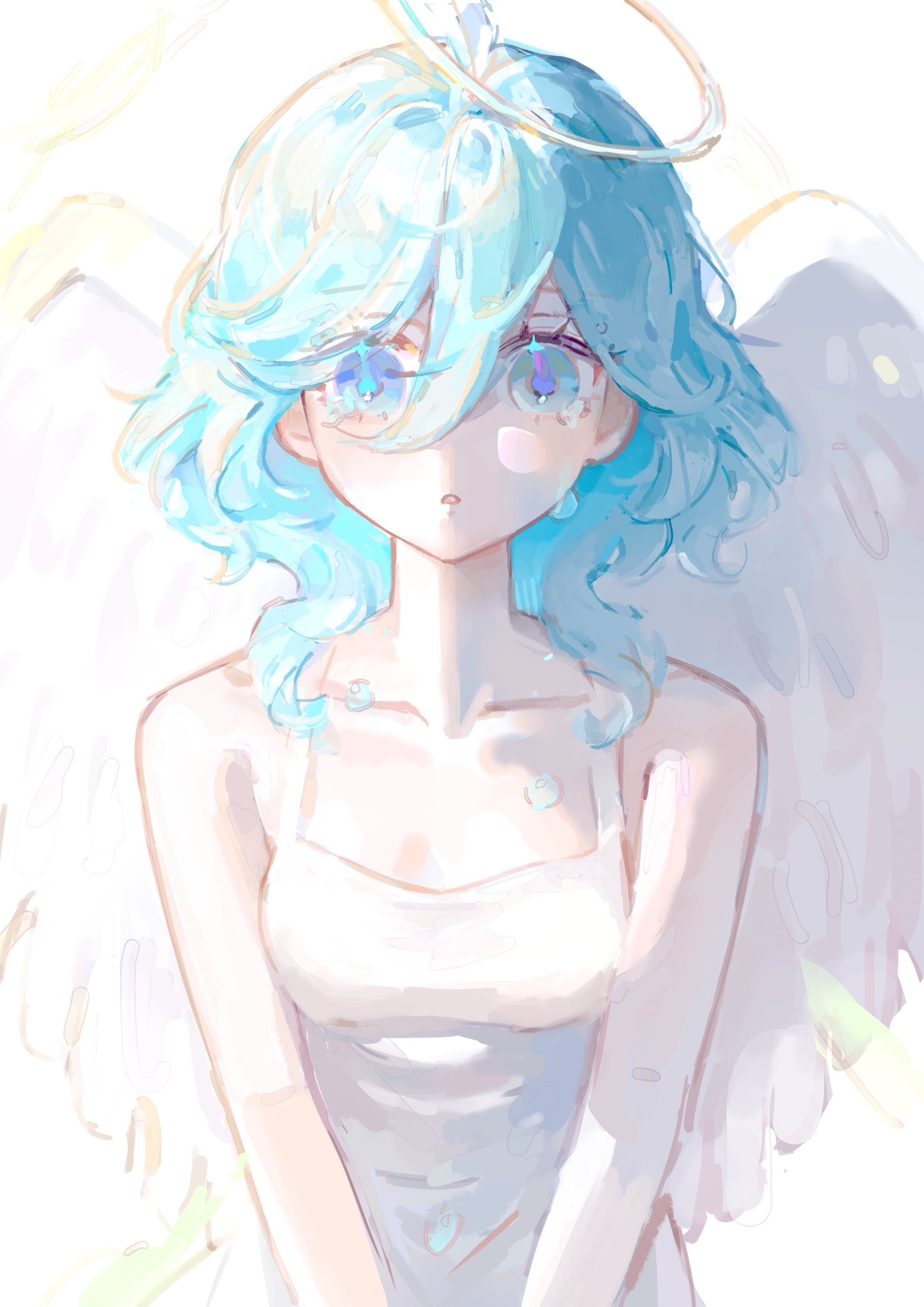 1girl angel angel_wings bare_arms blue_eyes blue_hair breasts collarbone commentary crying crying_with_eyes_open dress english_commentary feathered_wings furina_(genshin_impact) genshin_impact halo heterochromia highres looking_at_viewer malfuncio medium_hair parted_lips simple_background small_breasts solo tears upper_body white_background white_dress wings