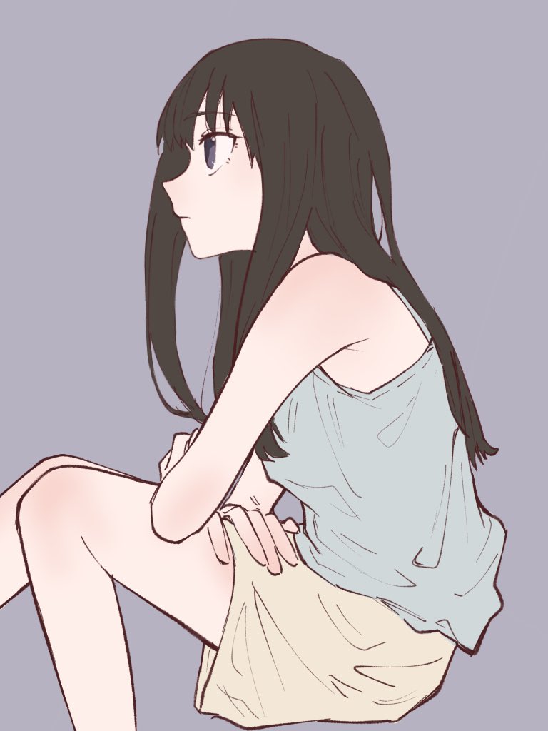 1girl bare_arms black_hair blue_tank_top closed_mouth commentary_request expressionless feet_out_of_frame from_side grey_background grey_shorts inoue_takina long_hair lycoris_recoil profile shiratama_draw shorts simple_background sitting solo tank_top violet_eyes