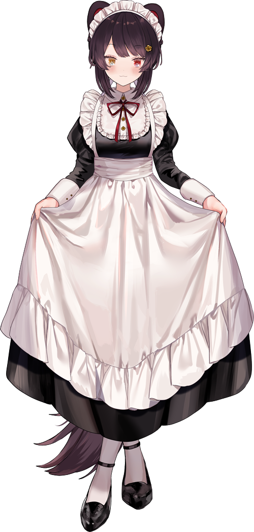 1girl :3 animal_ears anklet black_dress black_footwear brown_hair buttons crossed_legs dog_ears dog_tail dress frilled_dress frills full_body hair_ornament heterochromia inui_toko inui_toko_(7th_costume) jewelry long_sleeves looking_at_viewer maid maid_headdress medium_hair neck_ribbon nijisanji official_alternate_hairstyle official_art puffy_sleeves red_eyes red_ribbon ribbon socks solo tachi-e tail transparent_background virtual_youtuber white_dress white_socks y_o_u_k_a yellow_eyes