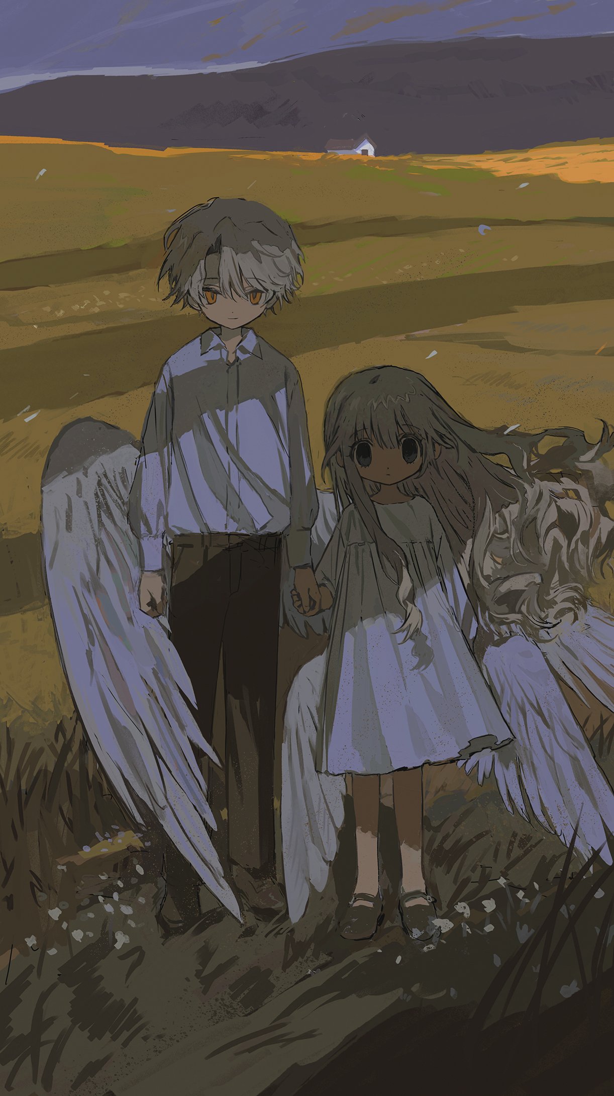 1boy 1girl arms_at_sides black_eyes black_pants blank_stare building collared_shirt curly_hair dress evening feathered_wings field floating_hair full_body grass highres hill holding_hands long_hair long_sleeves looking_at_viewer low_wings mountain namoku_(namottttt) orange_eyes original outdoors pants shadow shirt shirt_tucked_in short_hair side-by-side sidelocks sleeve_cuffs standing straight-on white_dress white_hair white_shirt white_wings wings