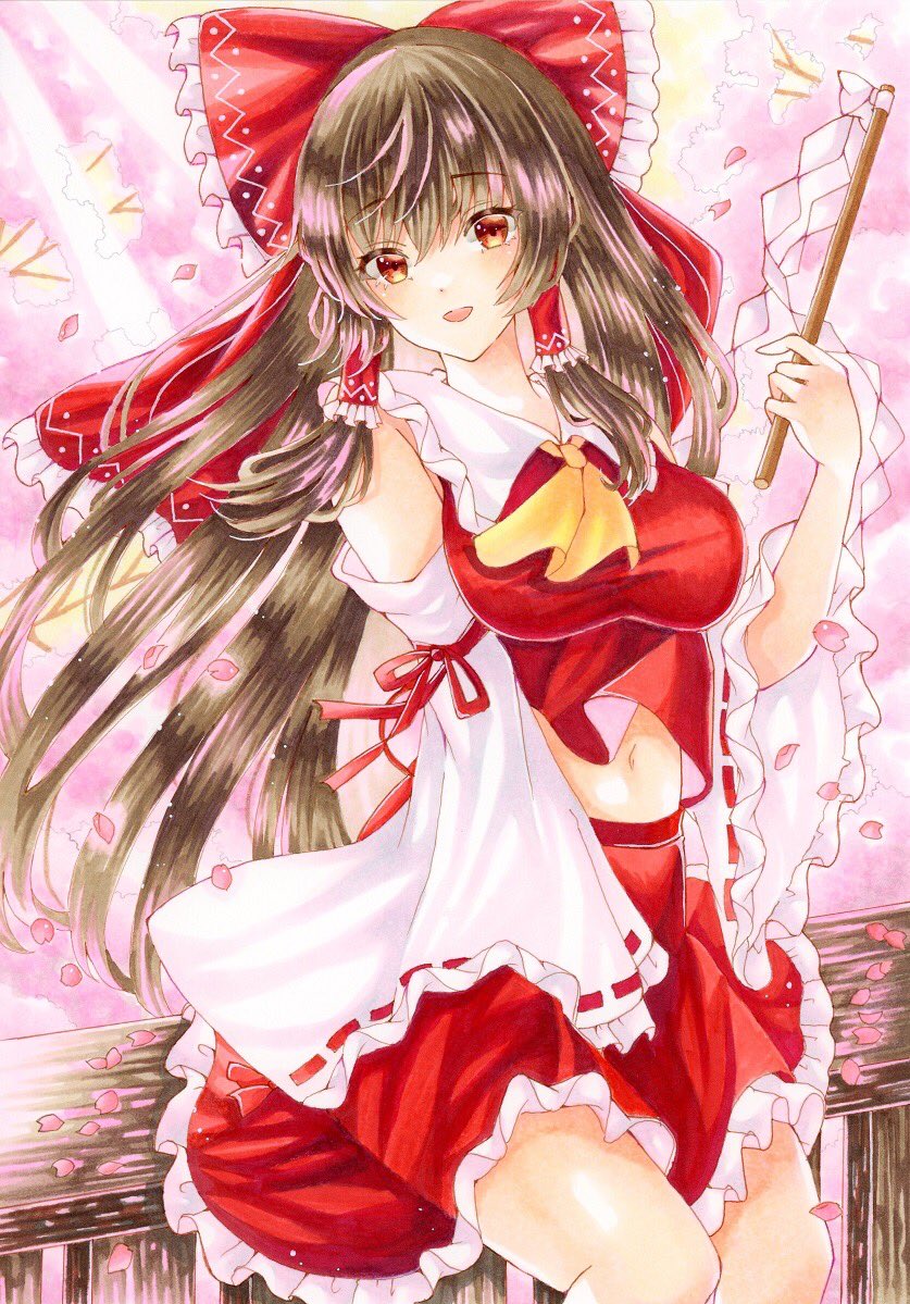 1girl :d ascot bare_shoulders bow breasts brown_eyes brown_hair cherry_blossoms commentary_request detached_sleeves frilled_bow frilled_hair_tubes frilled_shirt_collar frilled_skirt frills gohei hair_bow hair_tubes hakurei_reimu holding holding_gohei kapibaradon0405 large_breasts long_hair looking_at_viewer marker_(medium) midriff navel nontraditional_miko on_railing open_mouth petals pink_background railing red_bow red_eyes red_shirt red_skirt red_vest ribbon-trimmed_sleeves ribbon_trim shide shirt sidelocks sitting skirt skirt_set sleeveless sleeveless_shirt smile solo touhou traditional_media very_long_hair vest wide_sleeves yellow_ascot