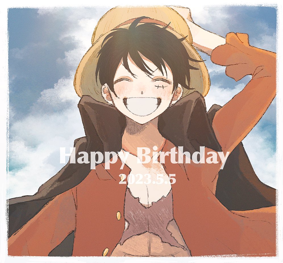 1boy 2023 ^_^ black_hair buttons closed_eyes clouds commentary_request dated frilled_sleeves frills hand_on_headwear happy_birthday hat male_focus millpi01 monkey_d._luffy one_piece open_clothes open_shirt red_shirt scar scar_on_face shirt short_hair sky smile solo straw_hat upper_body
