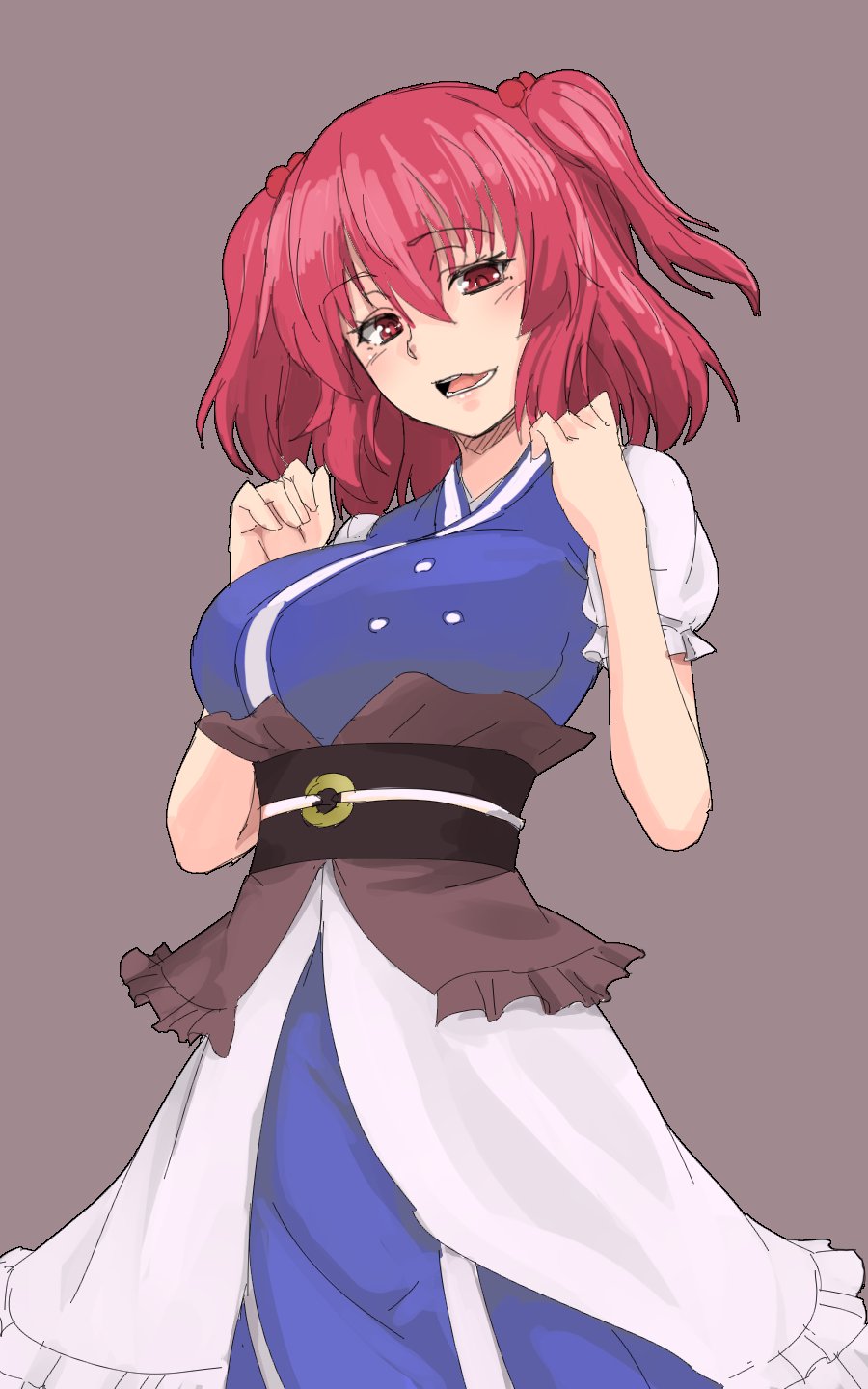 1girl blue_dress breasts coin commentary dress grey_background hair_bobbles hair_ornament highres kakone large_breasts looking_at_viewer obi one-hour_drawing_challenge onozuka_komachi open_mouth red_eyes redhead sash short_hair short_sleeves simple_background solo touhou two_side_up