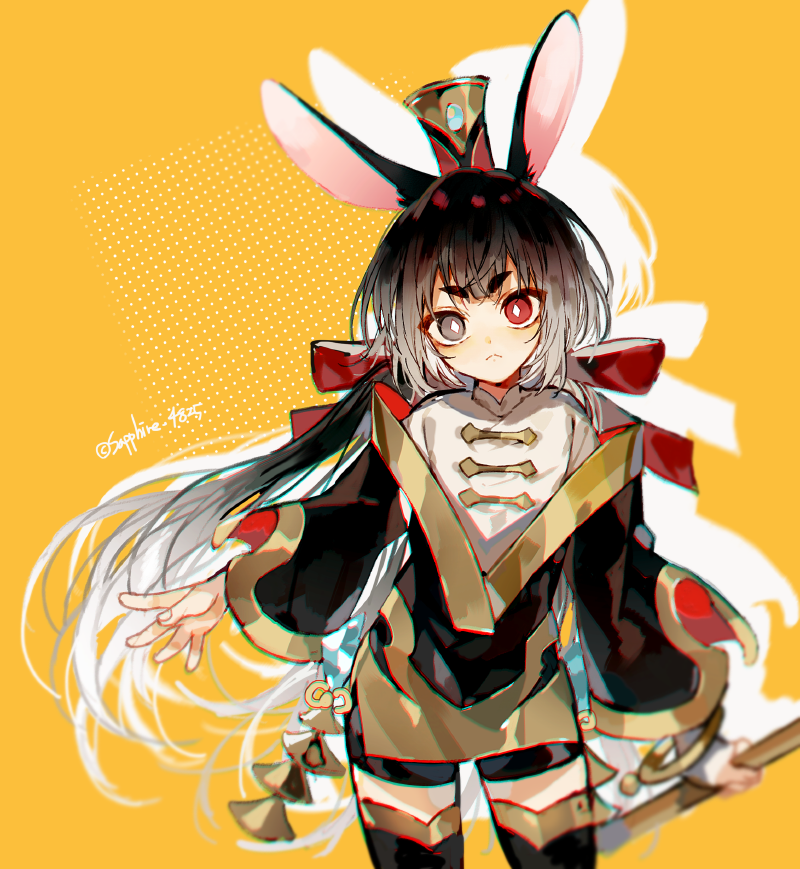 1girl animal_ears black_coat black_eyes black_hair black_thighhighs bow bright_pupils buttons closed_mouth coat commentary cowboy_shot gold_trim hair_bow hat heterochromia korean_commentary long_hair long_sleeves looking_at_viewer lord_of_heroes low_twintails mei_ling_qiao mei_ling_qiao_(fire) rabbit_ears red_bow red_eyes sapphire_(nine) shirt short_eyebrows solo thigh-highs twintails very_long_hair white_pupils white_shirt