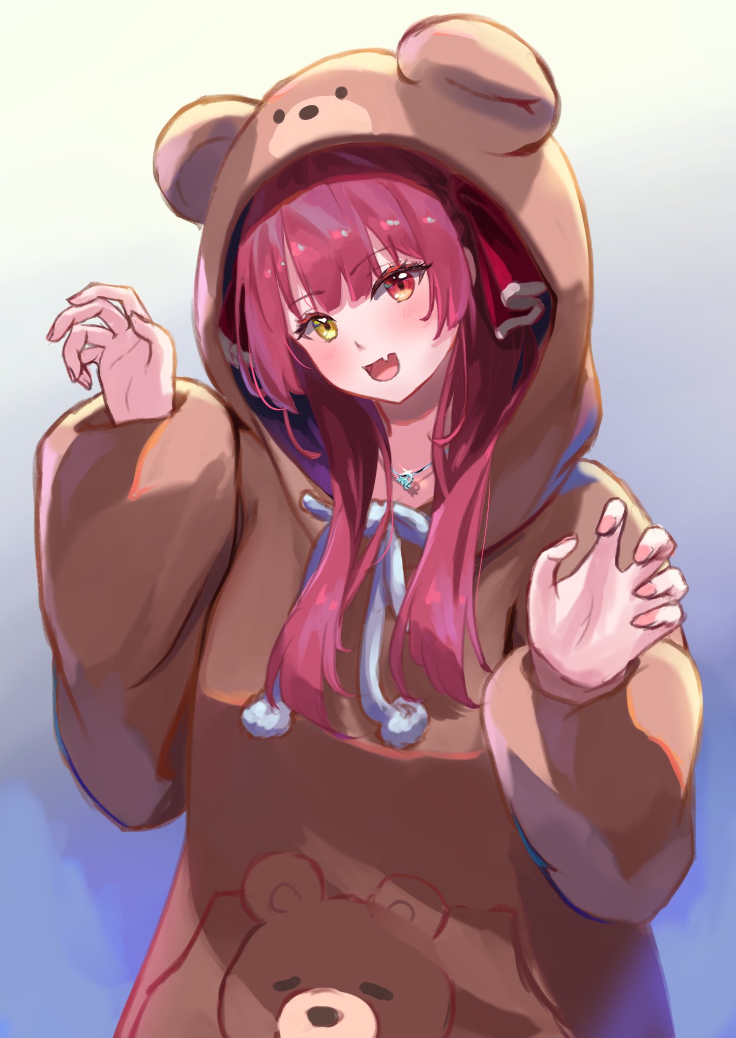 1girl :d alternate_costume animal_costume animal_hood bear_costume blush brown_hoodie claw_pose commentary_request fang gradient_background grey_background hair_between_eyes hair_ribbon hands_up heterochromia highres hololive hood hood_up hoodie houshou_marine jewelry long_hair looking_at_viewer narutakaya necklace open_mouth red_eyes redhead ribbon sidelocks skin_fang sleeves_past_wrists smile solo sparkle upper_body virtual_youtuber white_background yellow_eyes