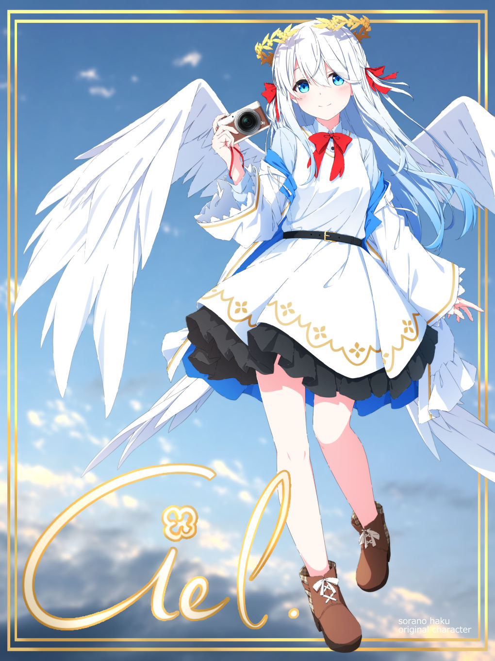 1girl angel_wings aoi_thomas blue_eyes blue_hair blue_shirt blue_sky boots bow brown_footwear camera closed_mouth clouds collared_shirt commentary_request day dress feathered_wings full_body gradient_hair highres holding holding_camera jacket laurel_crown long_sleeves looking_at_viewer multicolored_hair no_socks off_shoulder open_clothes open_jacket original red_bow shirt sky sleeveless sleeveless_shirt smile solo white_dress white_hair white_jacket white_wings wide_sleeves wings
