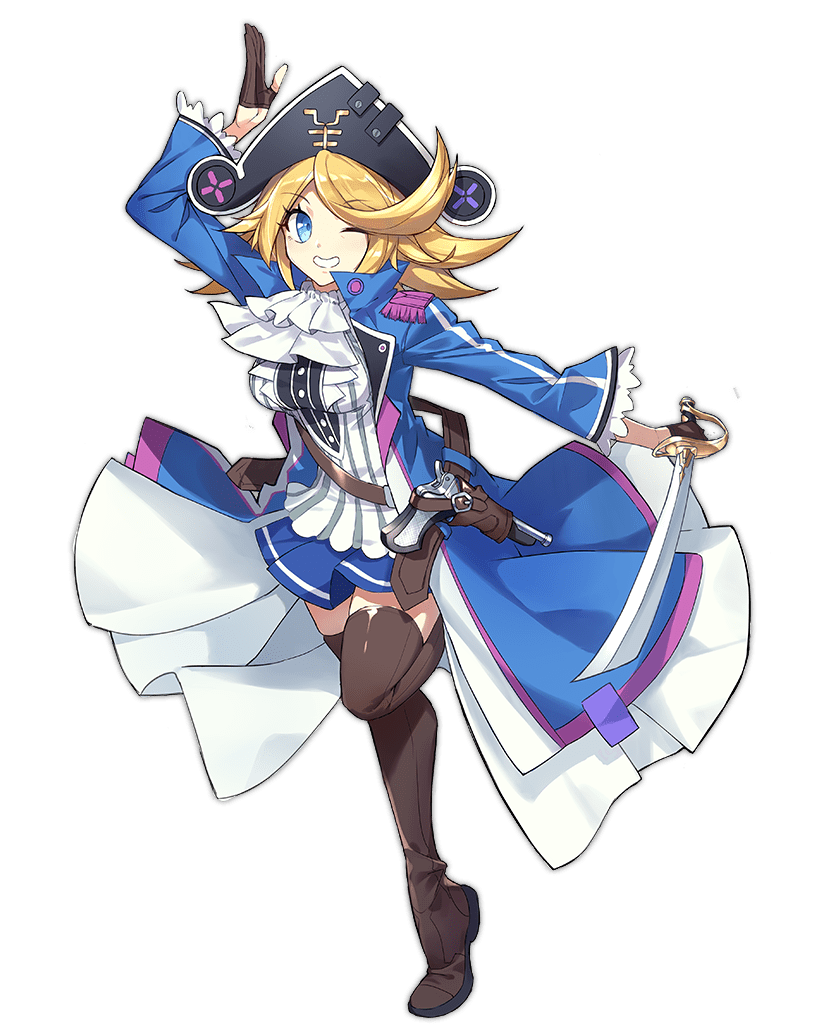 1girl ark_order ascot belt blonde_hair blue_coat blue_eyes blue_skirt boots breasts brown_belt brown_footwear brown_gloves coat epaulettes frilled_sleeves frills full_body gloves gold grin gun half_gloves handgun hat hat_feather holding holding_sword holding_weapon holster jason_(ark_order) kzhu large_breasts long_sleeves looking_at_viewer medium_hair official_art one_eye_closed open_mouth partially_fingerless_gloves pirate_hat shirt sidelocks skirt smile solo standing standing_on_one_leg sword tachi-e thigh-highs thigh_boots transparent_background variant_set weapon white_ascot white_shirt wing_collar