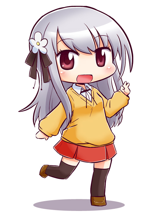 1girl :d black_thighhighs blush brown_footwear chibi collared_shirt commentary_request dress_shirt flower full_body grey_hair hair_between_eyes hair_flower hair_ornament hidamari_sketch loafers long_hair long_sleeves looking_at_viewer matsuri_(hidamari_sketch) naga_u pleated_skirt puffy_long_sleeves puffy_sleeves red_eyes red_skirt school_uniform shadow shirt shoes simple_background skirt sleeves_past_wrists smile solo standing standing_on_one_leg sweater thigh-highs very_long_hair white_background white_flower white_shirt yellow_sweater