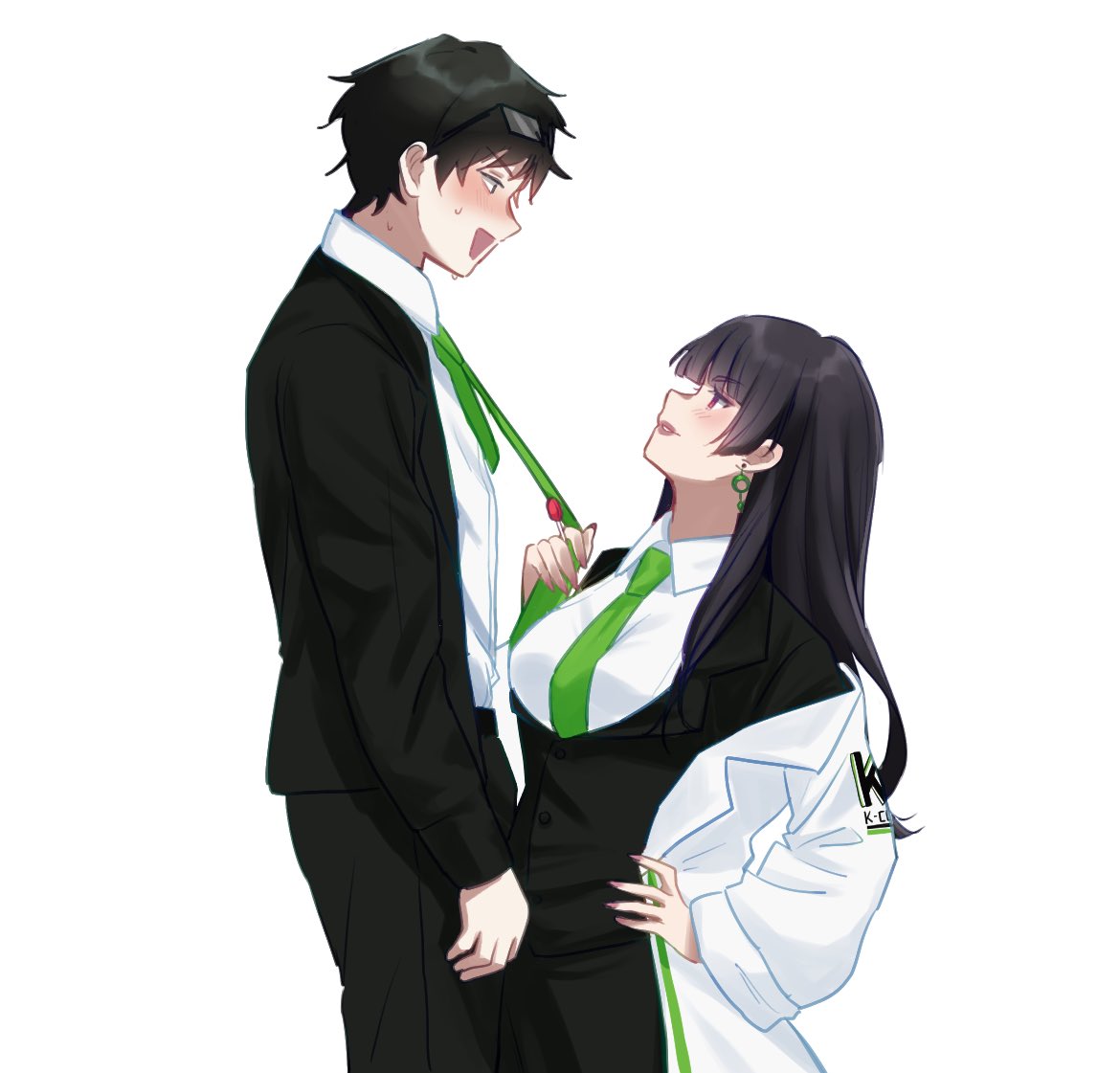 1boy 1girl assertive_female black_hair collared_shirt couple earrings from_side green_necktie height_difference hetero jewelry limbus_company long_hair necklace_pull necktie open_mouth original project_moon saccharhythm samjo_(project_moon) sei_shounagon_(saccharhythm) shirt short_hair simple_background suit white_background white_shirt