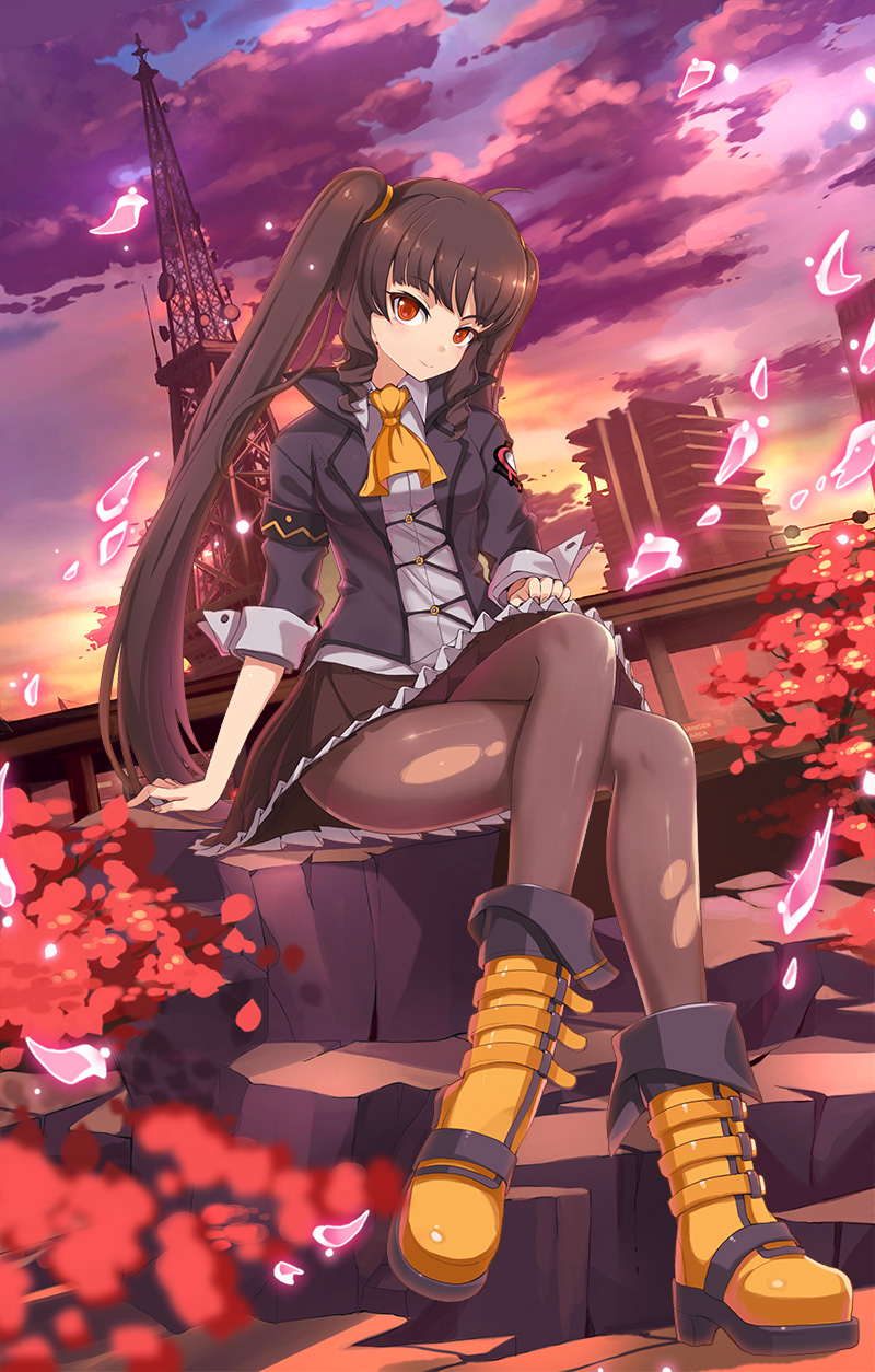 1girl ascot black_skirt brown_hair cityscape frilled_skirt frills highres jacket lily_bloomerchen long_hair official_art pantyhose red_eyes shirt sitting skirt soulworker torn_clothes torn_pantyhose twintails white_shirt yellow_ascot yellow_footwear
