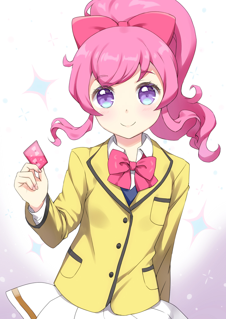 1girl blush bow bowtie closed_mouth collared_shirt commentary_request cowboy_shot hair_bow hand_up holding_ticket jacket kirarigaoka_middle_school_uniform kiratto_pri_chan long_hair long_sleeves looking_at_viewer momoyama_mirai pink_bow pink_bowtie pink_hair pleated_skirt ponytail pretty_series school_uniform shirt sidelocks skirt smile solo sparkle standing unya_(unya-unya) violet_eyes white_background white_shirt white_skirt yellow_jacket