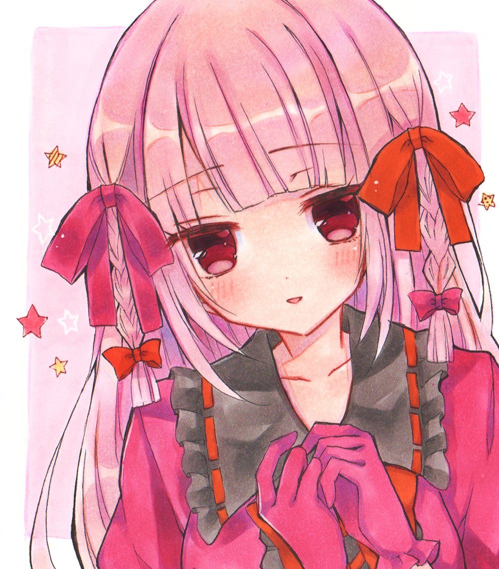 1girl bluestar_iz blunt_bangs blush border bow braid collarbone collared_dress dress frilled_gloves frills gloves hair_ribbon looking_at_viewer official_art own_hands_together painting_(medium) pink_background pink_bow pink_dress pink_eyes pink_gloves pink_hair pink_ribbon red_bow red_ribbon ribbon smile solo star_(symbol) traditional_media triangle_mouth twin_braids watercolor_(medium) white_border witch's_heart zizel_(witch's_heart)