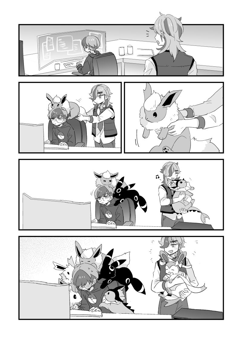 1boy 1girl animal animal_on_head animal_on_shoulder arven_(pokemon) blush chair clinging comic cup desk flareon glasses greyscale hair_over_one_eye holding holding_animal hood hood_down hoodie jitome jolteon laughing leafeon long_sleeves medium_hair mojo_sn monitor monochrome multicolored_hair musical_note office_chair on_head one_eye_covered outstretched_arms penny_(pokemon) poke_ball_print pokemon pokemon_sv print_shirt shirt short_hair silent_comic sitting streaked_hair surrounded swivel_chair sylveon two-tone_hair umbreon vaporeon vest