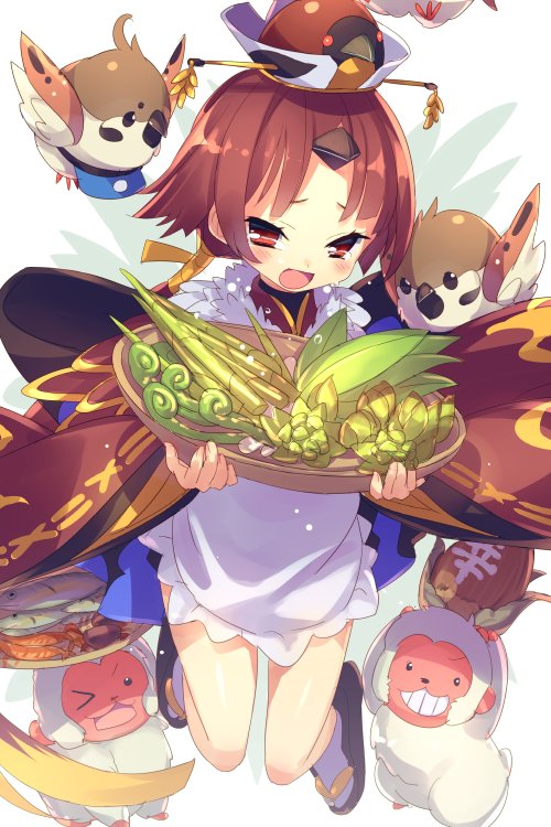 1girl apron basket benienma_(fate) bird bird_hat blush breasts brown_hat echo_(circa) fate/grand_order fate_(series) feather_trim food japanese_clothes kimono long_hair long_sleeves looking_at_viewer low_ponytail monkey open_mouth parted_bangs red_eyes red_kimono redhead small_breasts smile sparrow thighs vegetable very_long_hair white_apron wide_sleeves