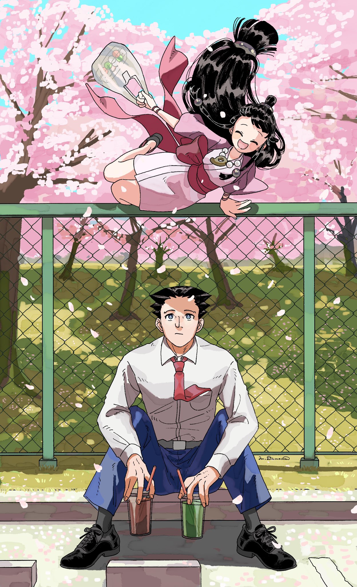 1boy 1girl :d ^_^ ace_attorney bag bead_necklace beads belt belt_buckle black_footwear black_hair blue_eyes blue_pants blue_sky blunt_bangs bracelet buckle chain-link_fence cherry_blossoms closed_eyes commentary cup drinking_straw expressionless facing_viewer fence floating_hair food grass grey_belt grey_socks hair_beads hair_ornament half_updo hanten_(clothes) highres holding holding_cup jacket japanese_clothes jewelry jumping kimono long_hair low-tied_long_hair low-tied_sidelocks magatama magatama_necklace maya_fey mochi necklace necktie necktie_in_pocket okobo omen_hohoho pants phoenix_wright plastic_bag purple_jacket red_necktie red_sash sandals sash shirt sidelocks sitting sky smile socks spiky_hair topknot very_long_hair white_kimono white_shirt
