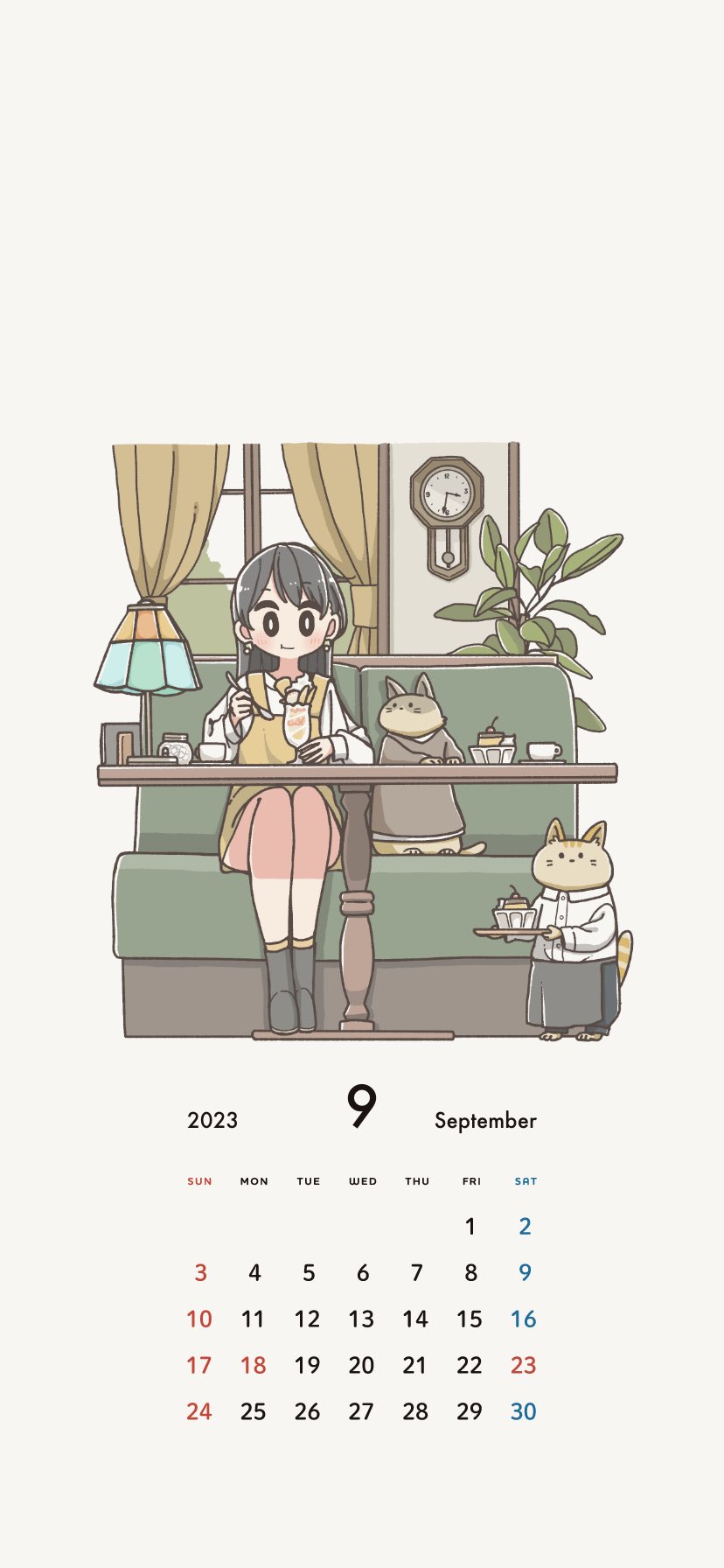 1girl black_hair blush calendar_(medium) cat closed_mouth earrings east_sha2 highres holding holding_spoon indoors jewelry lamp long_hair original sitting smile solo spoon table window