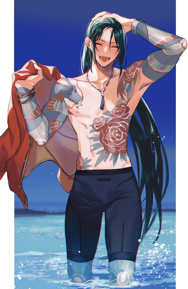 bead_necklace beads fate/grand_order fate_(series) flower_tattoo full-body_tattoo hand_on_own_head holding holding_clothes holding_jacket jacket jewelry katagiri_(mighty_swing) long_hair necklace ocean open_mouth partially_submerged tattoo teeth topless_male wading wet wet_hair yan_qing_(fate)