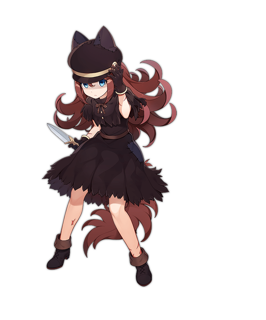 1girl ark_order black_bow black_capelet black_dress black_footwear black_gloves black_hat blue_eyes boots bow brown_hair capelet closed_mouth dagger dress full_body gloves hat hat_with_ears holding holding_dagger holding_knife holding_weapon juliet_sleeves knife lock long_hair long_sleeves looking_at_viewer mtyy official_art peaked_cap puffy_sleeves shaded_face solo tachi-e tail transparent_background weapon werewolf_(ark_order) wolf_girl wolf_tail