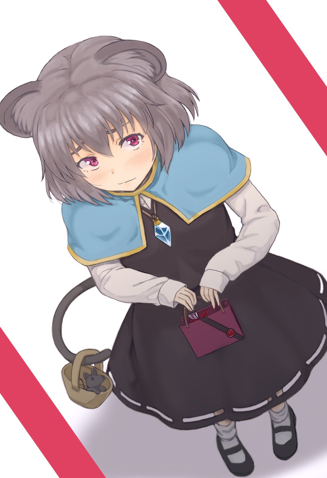 1girl animal_ears basket black_dress black_footwear blue_capelet capelet commentary_request dress full_body grey_hair highres jewelry kakone looking_at_viewer mouse mouse_ears mouse_girl mouse_tail nazrin pendant red_eyes short_hair socks standing tail touhou white_socks