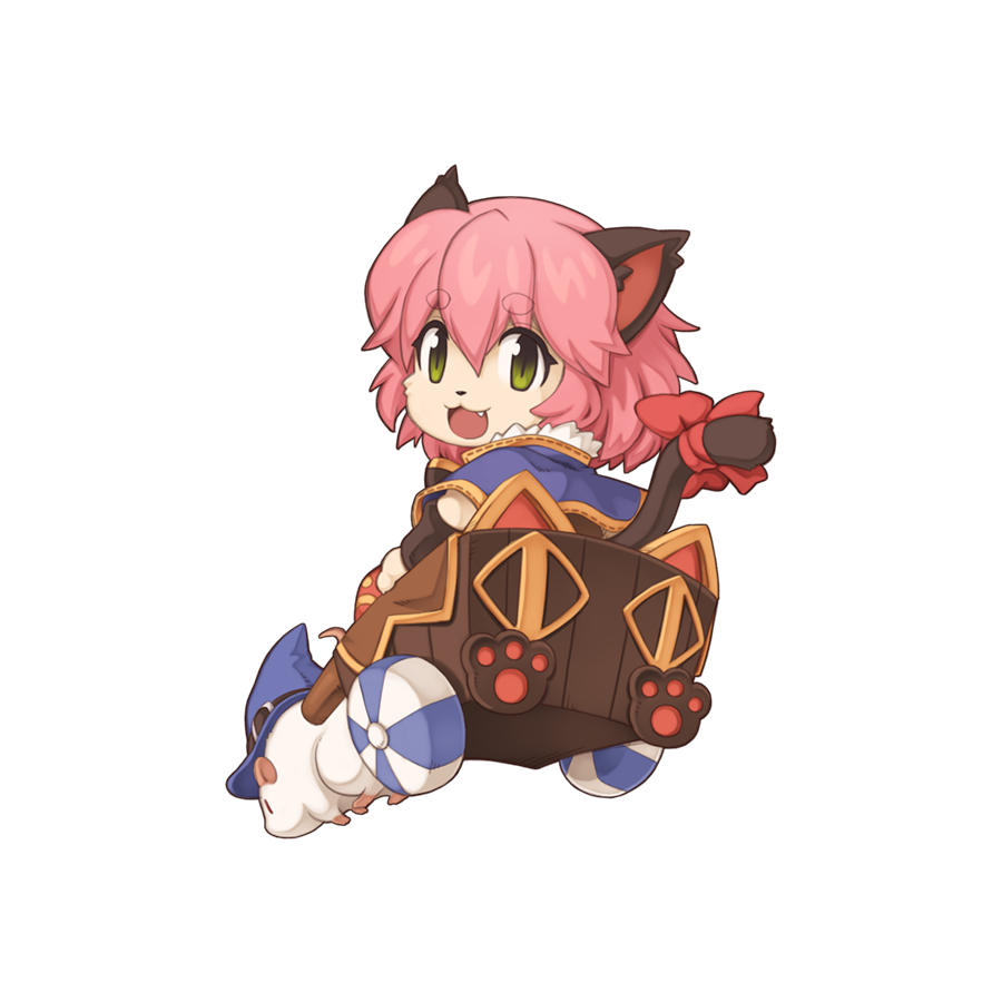 1girl :3 animal_ears blue_capelet bow capelet cat_ears cat_girl cat_tail chibi fang from_behind full_body furry furry_female green_eyes hair_between_eyes looking_at_viewer looking_back medium_bangs mouse official_art open_mouth paw_print pink_hair pullcart ragnarok_online red_bow riding short_hair simple_background slit_pupils smile solo summoner_(ragnarok_online) tail tail_bow tail_ornament tarou_(ragnarok_online) transparent_background yuichirou