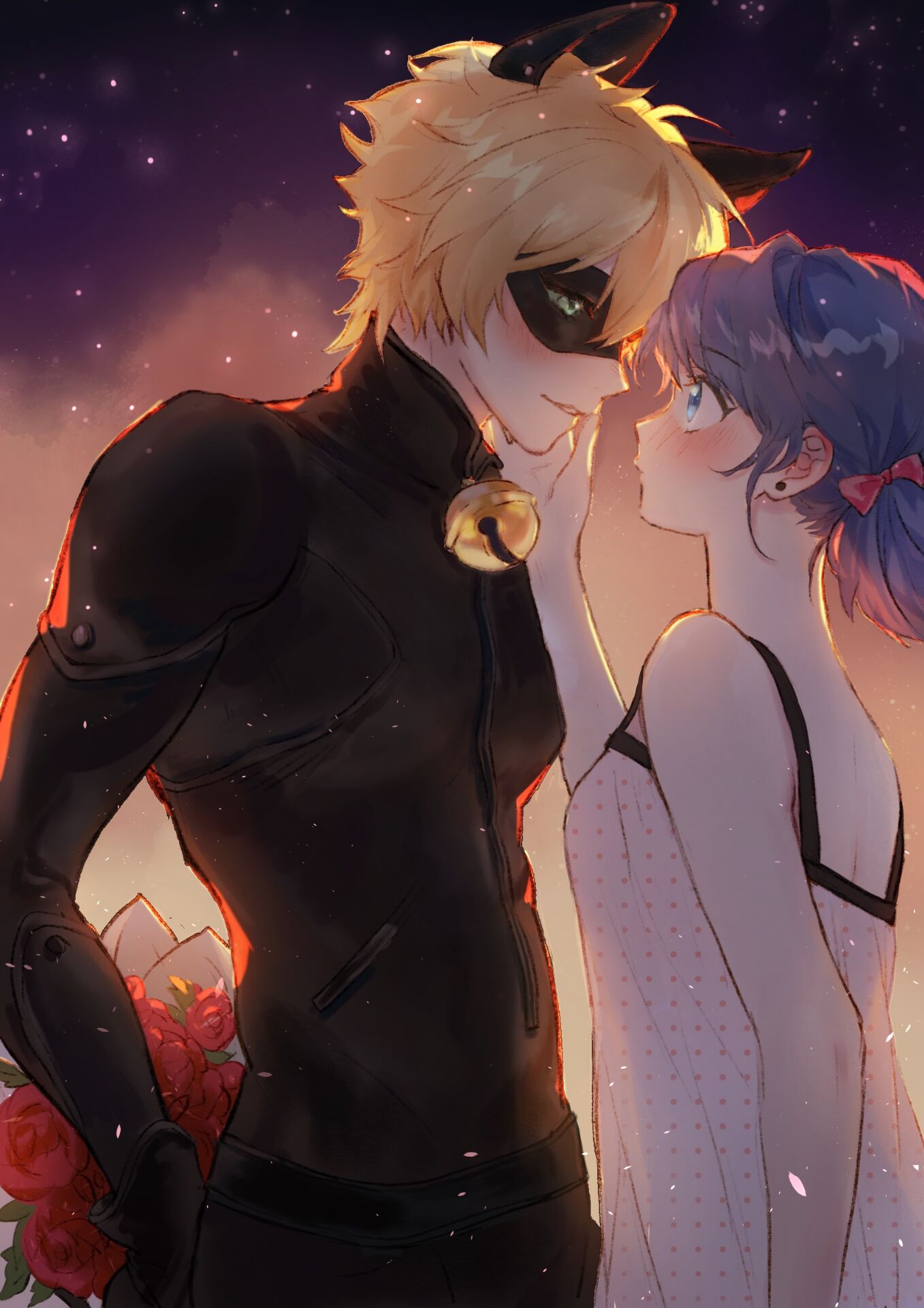 1boy 1girl adrien_agreste animal_ears bare_shoulders bell black_mask black_pants black_shirt blonde_hair blue_eyes blue_hair blush cat_ears chat_noir earrings flower highres jewelry leather looking_at_viewer marinette_dupain-cheng mask miraculous_ladybug night night_sky pants red_flower red_rose rose shirt short_twintails sky smile twintails white_shirt yuchakuei