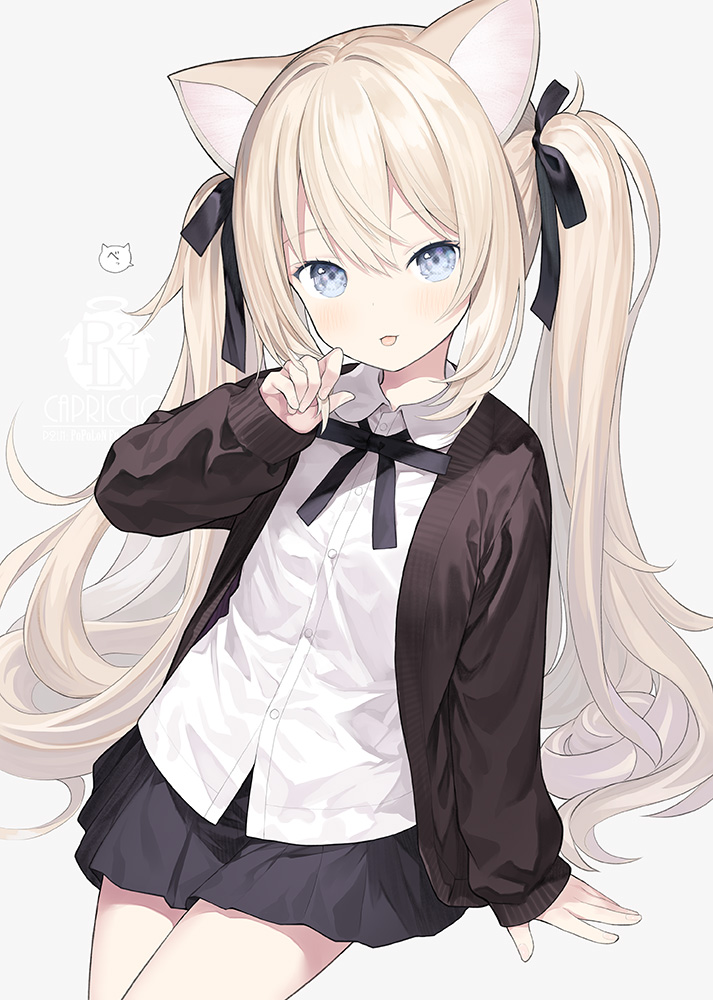 1girl :p animal_ears arm_support artist_name black_bow black_skirt blue_eyes blush bow brown_jacket capriccio cat_ears closed_mouth collared_shirt commentary_request dress_shirt grey_background hair_between_eyes hair_bow hand_up jacket light_brown_hair long_hair long_sleeves looking_at_viewer open_clothes open_jacket original pleated_skirt puffy_long_sleeves puffy_sleeves school_uniform shirt simple_background sitting skirt sleeves_past_wrists smile solo tongue tongue_out translation_request twintails very_long_hair white_shirt