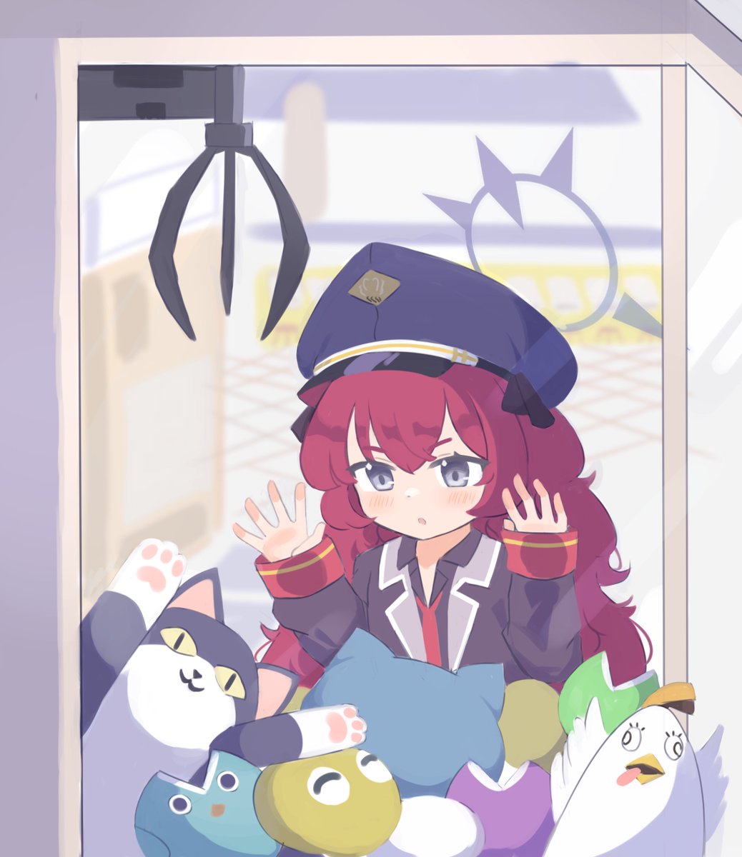 1girl anma21 black_jacket black_shirt blue_archive blue_hat blush collared_shirt crane_game grey_eyes hair_between_eyes halo hand_on_glass hat highres indoors iroha_(blue_archive) jacket long_hair long_sleeves necktie open_hands parted_lips peaked_cap red_necktie redhead shirt sleeves_past_wrists solo stuffed_animal stuffed_toy upper_body wavy_hair
