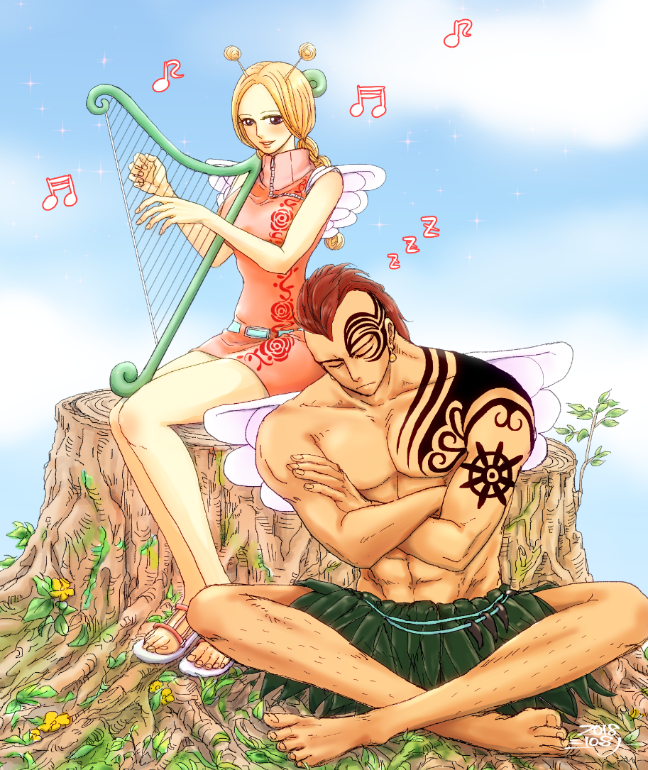 1boy 1girl antenna_hair arm_tattoo barefoot blonde_hair braid brown_eyes chest_tattoo conis_(one_piece) crossed_arms crossed_legs day dress earrings facial_tattoo grass_skirt harp high_collar instrument jewelry long_hair looking_at_viewer muscular muscular_male music musical_note one_piece outdoors pink_dress playing_instrument redhead sandals shina_(ooo417ooo) shoulder_tattoo sitting sleeping smile tattoo tree_stump twin_braids white_wings wings wyper_(one_piece) zzz