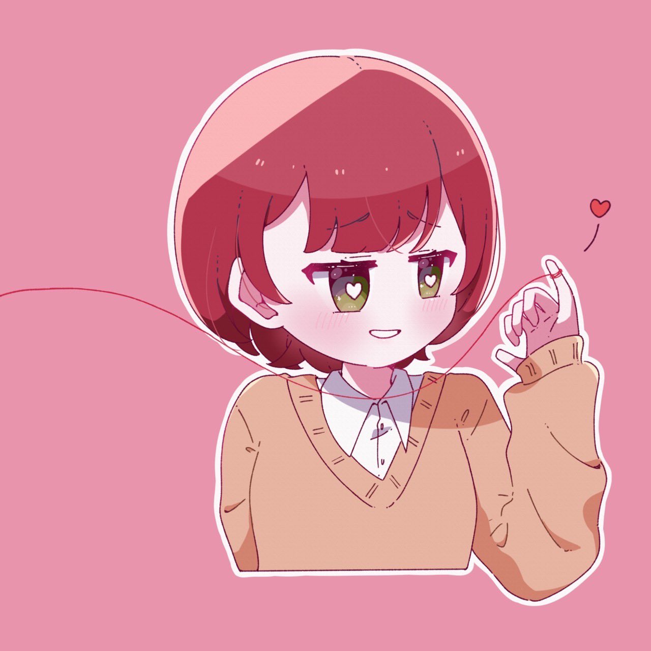 1girl blush brown_sweater collared_shirt commentary_request cropped_torso dress_shirt green_eyes hand_up heart heart-shaped_pupils highres long_sleeves oan_(o_annn) open_mouth original outline pink_background redhead shirt short_hair simple_background solo string string_of_fate sweater symbol-shaped_pupils upper_body white_outline white_shirt