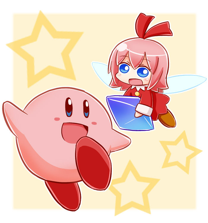 1girl :d blue_eyes blue_wings blush blush_stickers boots brown_background brown_footwear commentary_request dress fairy_wings hair_between_eyes hair_ribbon holding kirby kirby's_dream_land kirby_(series) long_hair long_sleeves naga_u pink_hair red_dress red_ribbon ribbon ribbon_(kirby) smile star_(symbol) transparent_wings two-tone_background white_background wings