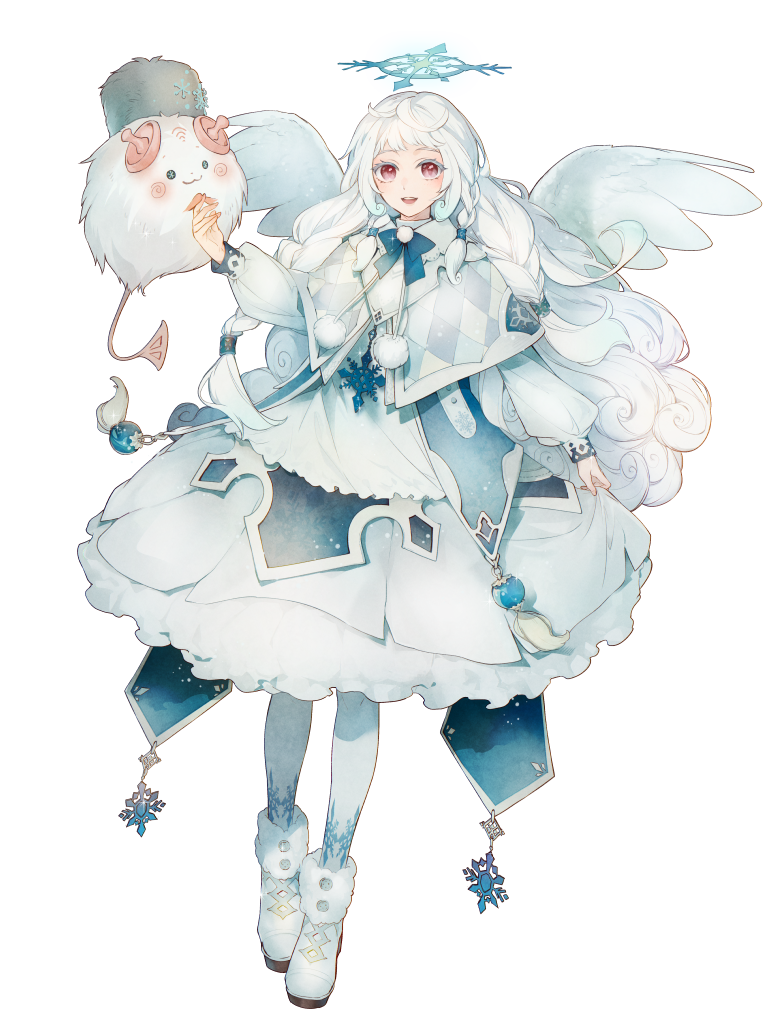 1girl animal boots braid capelet chain_paradox dress full_body fur-trimmed_boots fur_trim halo hat long_hair long_sleeves looking_at_viewer pantyhose red_eyes shiroshiro_shiro sidelocks solo transparent_background very_long_hair white_footwear white_hair white_pantyhose white_wings wings
