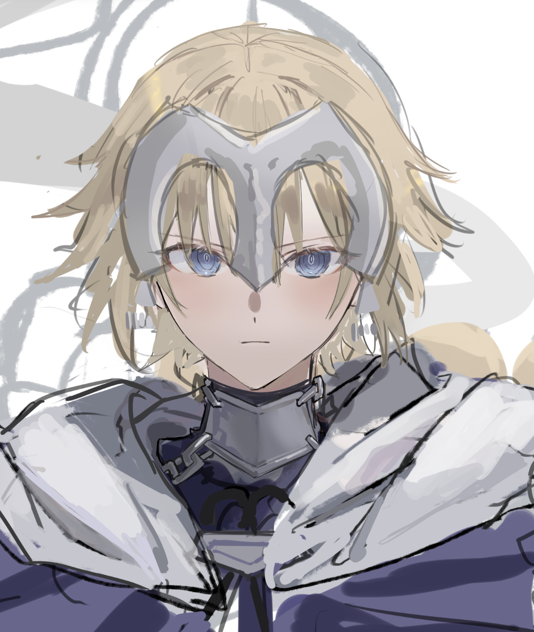 1girl blonde_hair blue_cape blue_eyes cape chain closed_mouth expressionless fate/grand_order fate_(series) headpiece highres jeanne_d'arc_(fate) jeanne_d'arc_(ruler)_(fate) light_blush looking_at_viewer portrait shiro_(siro_kuten) short_hair simple_background sketch solo white_background