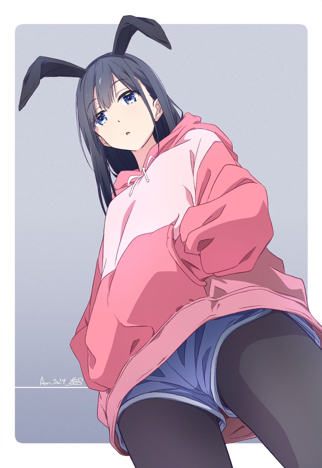 1girl animal_ears black_hair black_pants blue_eyes blue_shorts commentary_request dated fake_animal_ears gradient_background grey_background hands_in_pockets highres jacket medium_hair monai-chan_(nii_manabu) multicolored_clothes multicolored_jacket nii_manabu original pants pink_jacket rabbit_ears shorts signature solo standing two-tone_jacket