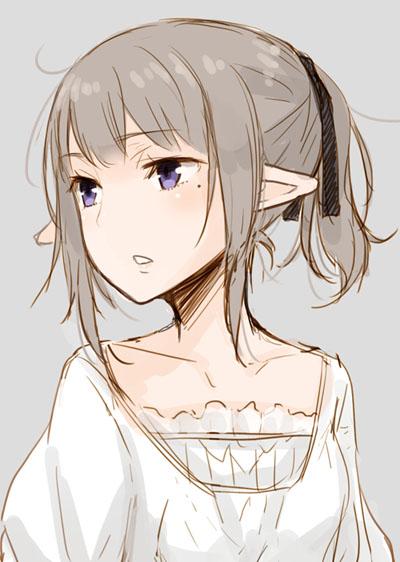1girl ayakura_juu commentary_request dress elf expressionless grey_background grey_hair looking_to_the_side mole mole_under_eye original parted_lips pointy_ears ponytail short_hair sidelocks simple_background sketch solo violet_eyes white_dress