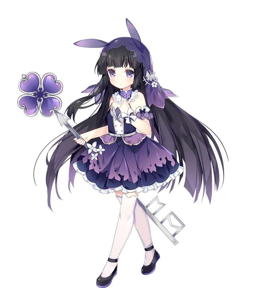 1girl abaddon_(ark_order) animal_ears ark_order bare_shoulders black_footwear black_hair blunt_bangs bow bug detached_sleeves dress dress_bow fake_animal_ears flower frilled_dress frills full_body hair_bow hair_ornament hairclip hime_cut holding holding_key key layered_dress long_hair looking_at_viewer official_art oversized_object purple_bow purple_dress see-through short_sleeves sidelocks solo tachi-e thigh-highs transparent_background tsukimi_(xiaohuasan) variant_set veil very_long_hair violet_eyes white_bow white_flower white_thighhighs wrist_cuffs