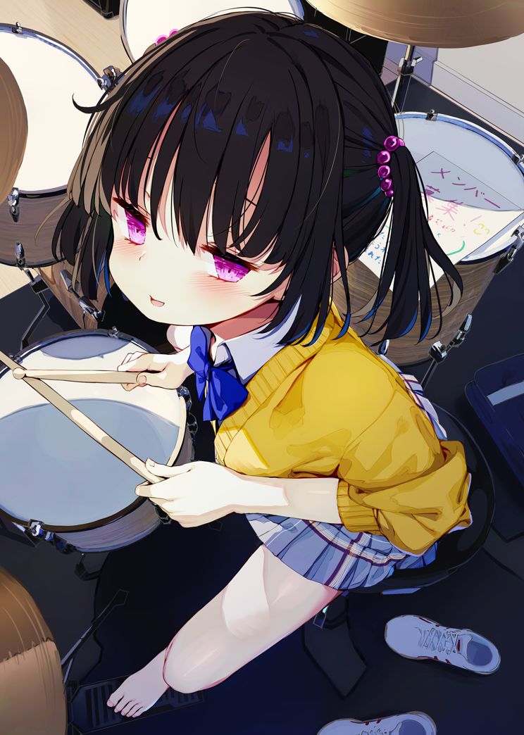 1girl bare_legs barefoot black_hair blue_bow blue_bowtie blue_skirt blush bow bowtie cardigan collared_shirt cymbals drum drum_set drumsticks from_above hair_bobbles hair_ornament holding holding_drumsticks indoors instrument kamizaki_hibana looking_at_viewer miniskirt open_mouth original paper parted_lips pink_eyes plaid plaid_skirt pleated_skirt school_uniform shirt shoes short_hair short_twintails sitting skirt smile sneakers solo sweater toes twintails unworn_shoes violet_eyes white_shirt yellow_cardigan yellow_sweater