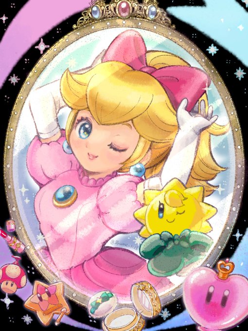 1girl blonde_hair blue_eyes bow breasts commentary cosmetics dress earrings elbow_gloves gloves heart jewelry looking_at_viewer medium_breasts mirror one_eye_closed pink_bow pink_dress ponytail princess_peach princess_peach:_showtime! short_sleeves sphere_earrings star_(symbol) stella_(peach) super_mario_bros. super_mushroom super_star_(mario) suruga_kanade white_gloves